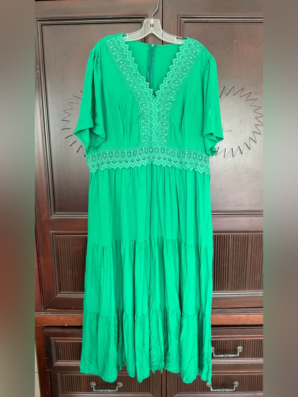 SHEIN Women's Green V-Neck Tiered Maxi Dress W Crochet Detail Size 4X